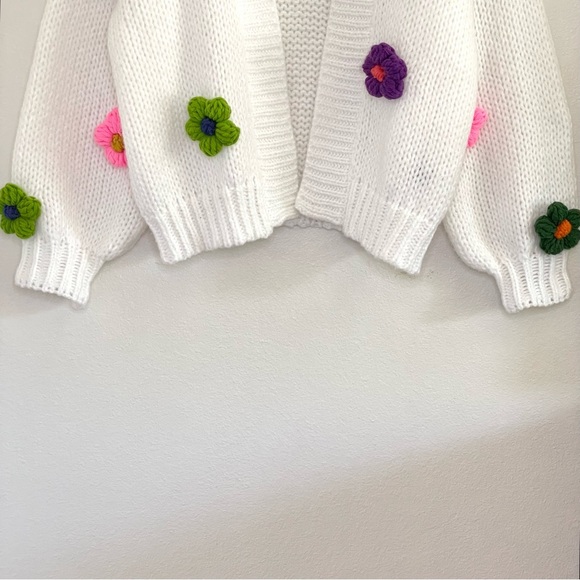 Anthropologie Maeve Susannah 3D Flower Cardigan Open Front Knit Sweater White OS - Picture 9 of 16